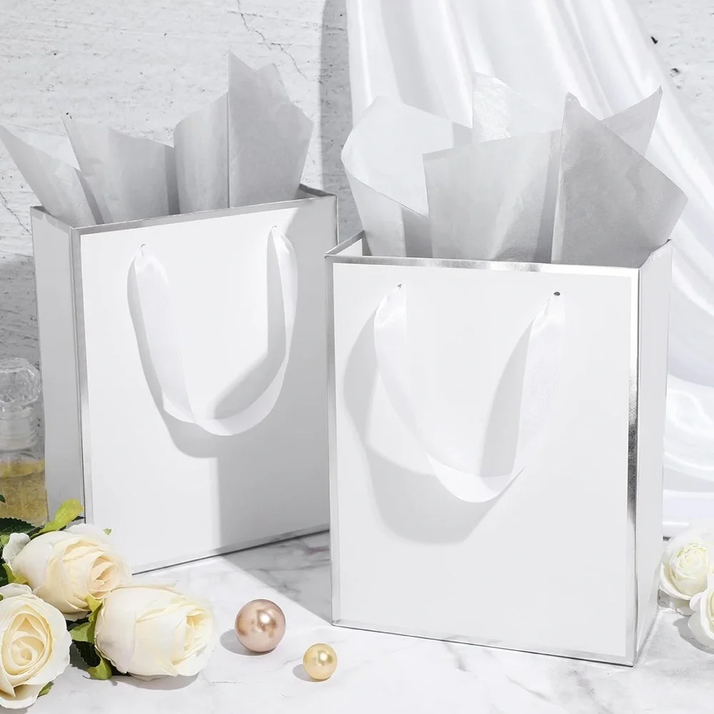5 Pack Metallic Paper Gift Bags with Handle and Tissue 9 x 7 x 3.1